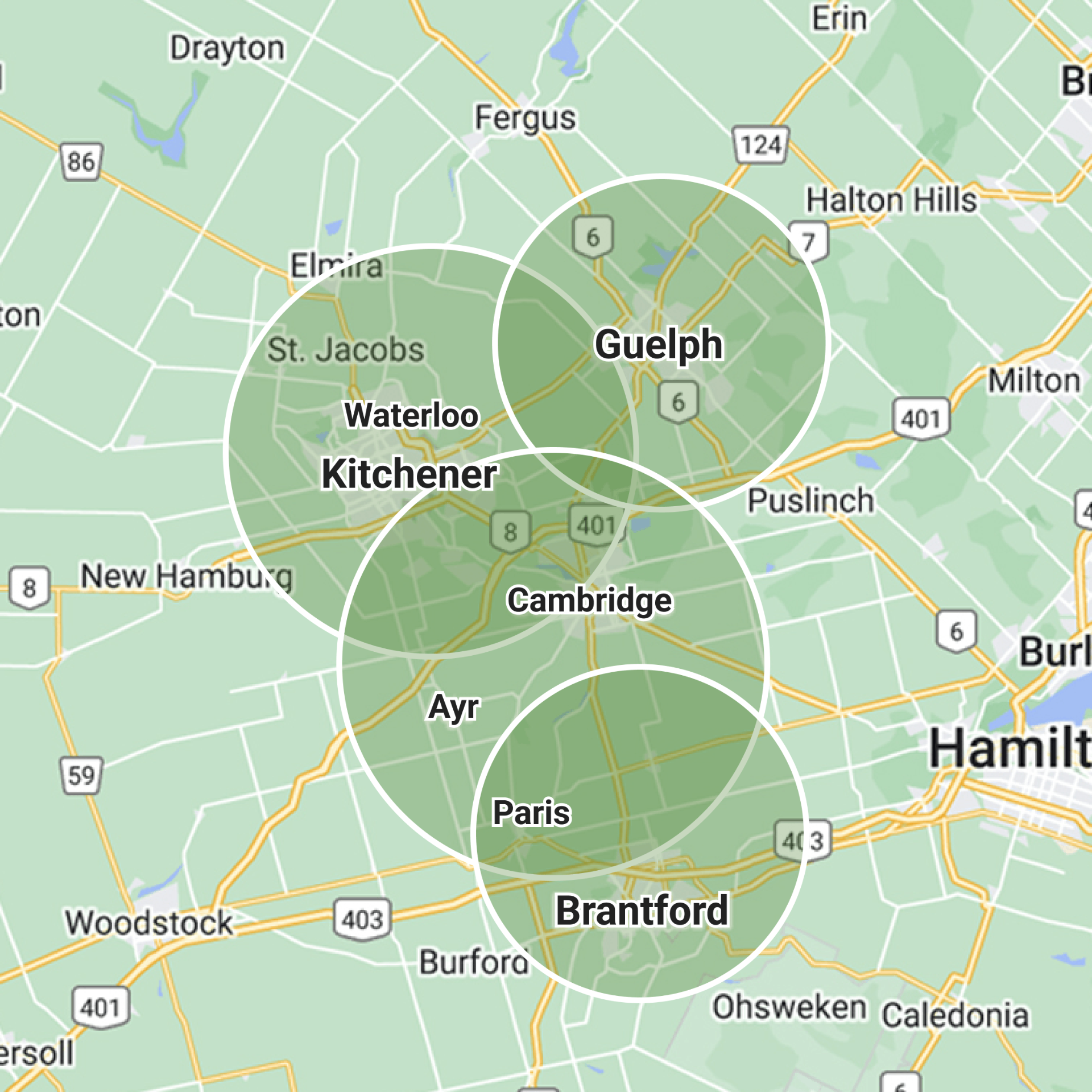 TriCity Landscapers service area map covering Kitchener, Waterloo, Cambridge, Guelph and Brantford